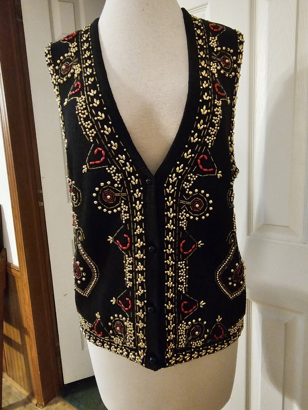 SML Sport Black Beaded Embellished Vest with Red and Gold Accents